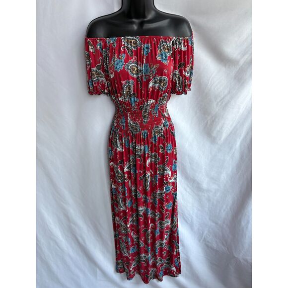Long Red Paisley Maxi Off Shoulder Dress M/L Romantic Vacation Date Feminine - Picture 1 of 9